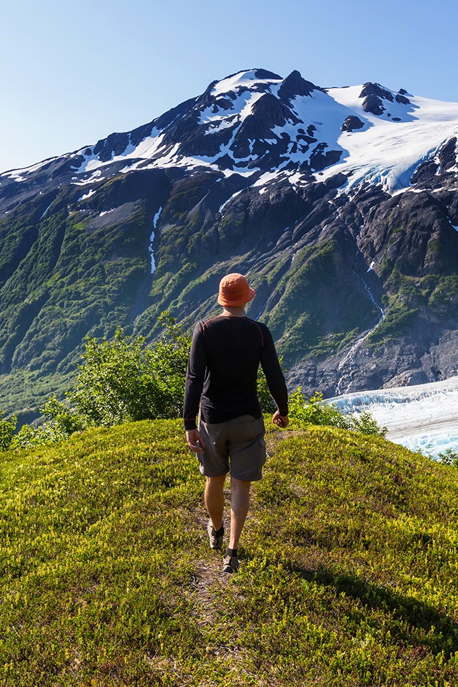 A person wearing a red hat, black shirt, and shorts walks on a grassy trail toward a snow-capped mountain under a clear blue sky.