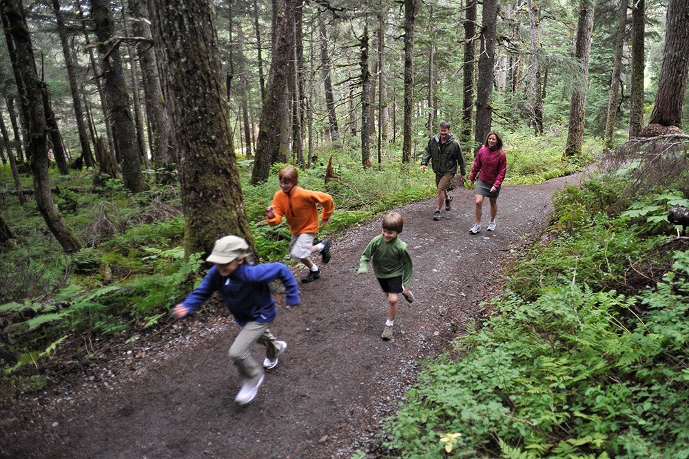 Four children run and play on a forest trail while two adults walk behind them, surrounded by tall trees and lush green foliage.